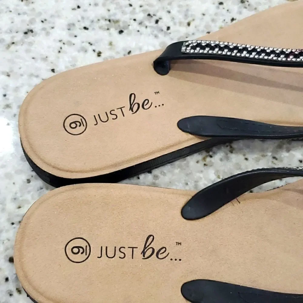 Just Be Black and Silver Rhinestone Flip Flops, Size 9